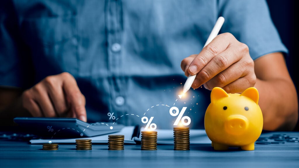Financial planning and savings growth strategy with piggy bank.